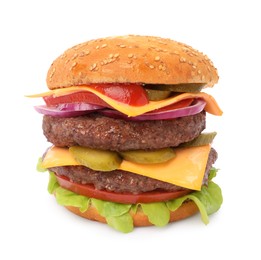 Photo of Delicious burger with meat cutlets, cheese, pickled cucumbers and lettuce isolated on white