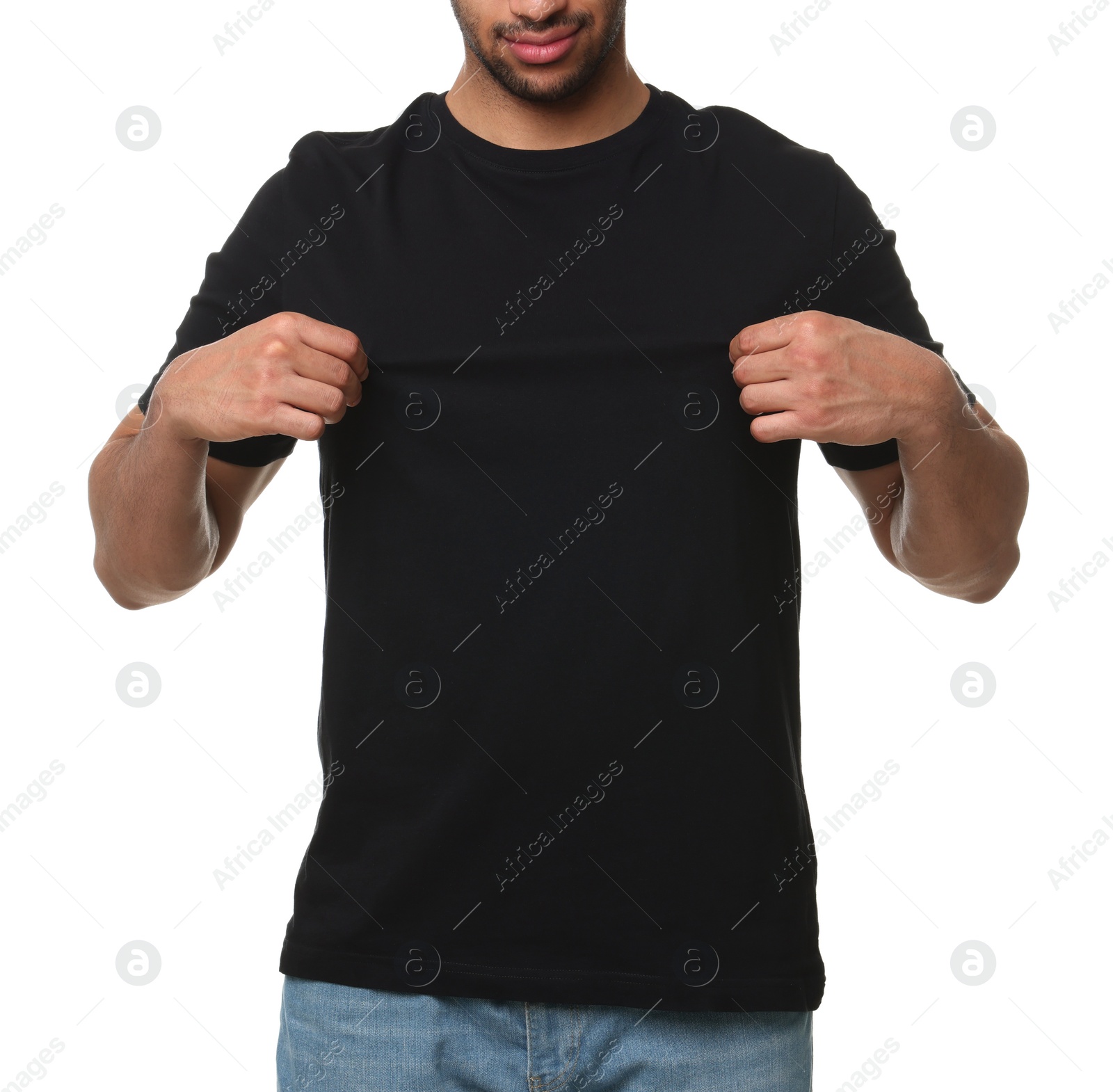 Photo of Man wearing black t-shirt on white background, closeup