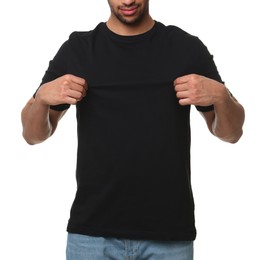 Man wearing black t-shirt on white background, closeup