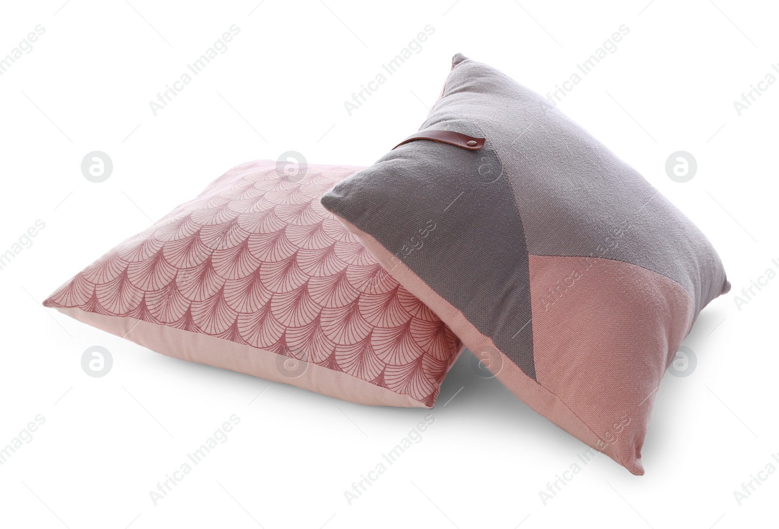 Photo of Different colorful pillows on white background