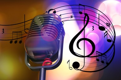 Image of Retro microphone, staff with music notes and other musical symbols against festive lights