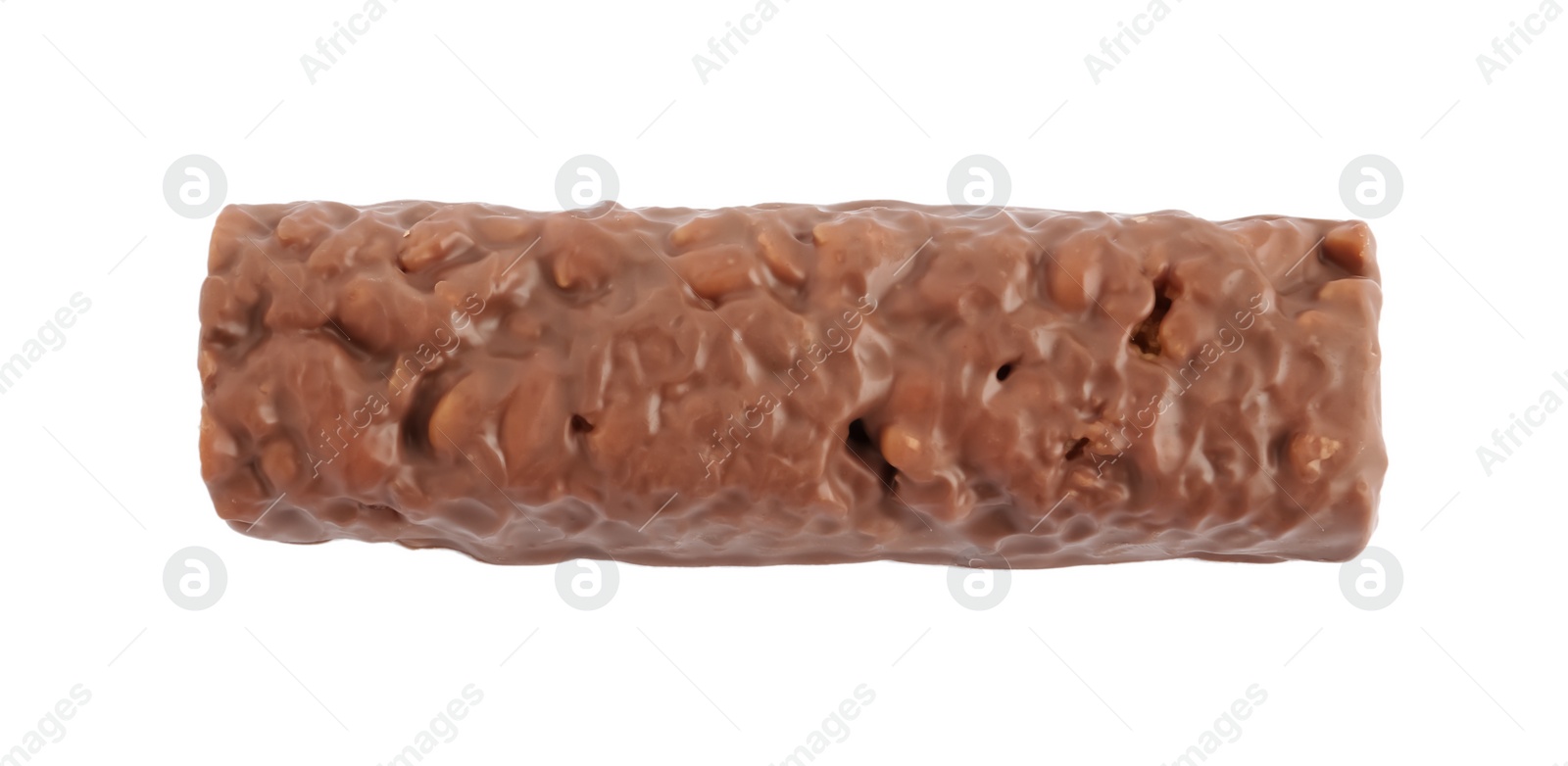 Photo of Tasty chocolate glazed protein bar isolated on white, top view. Healthy snack