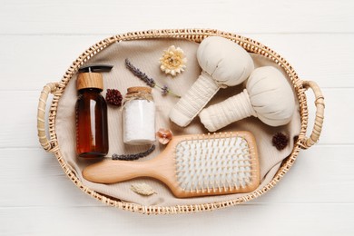 Photo of Spa gift set with different personal care products on white wooden table, top view