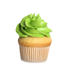 Photo of Delicious cupcake decorated with green cream isolated on white. Birthday treat