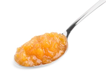 Photo of Spoon with tasty apricot jam isolated on white