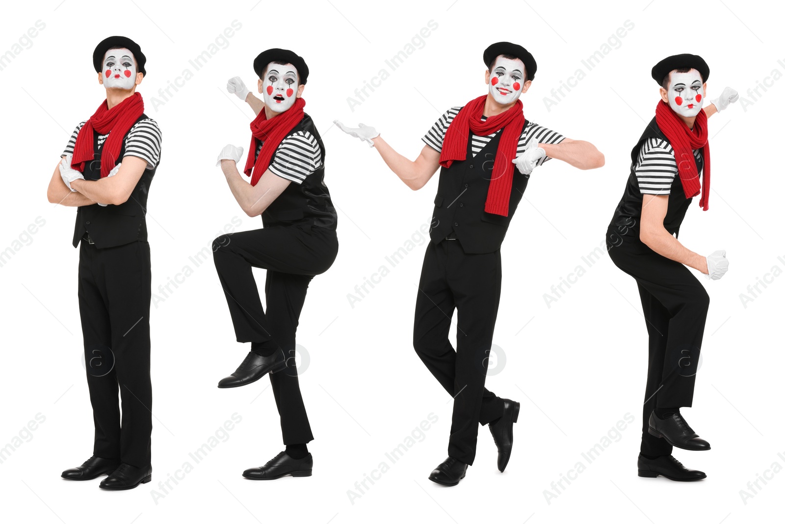 Image of Funny mime posing on white background, set of photos