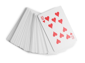 Photo of Playing cards and ten of hearts on white background, top view