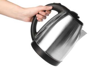 Photo of Woman holding stylish electrical kettle isolated on white. Household appliance