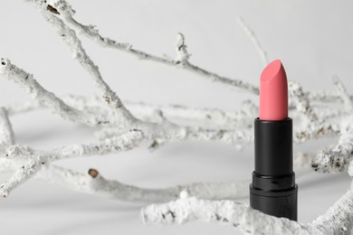 Photo of Beautiful pink lipstick and decorative branch on white background, space for text