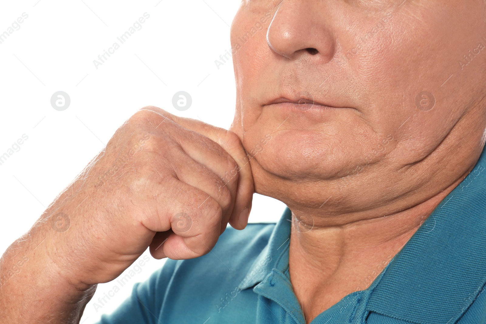 Photo of Mature man with double chin on white background, closeup