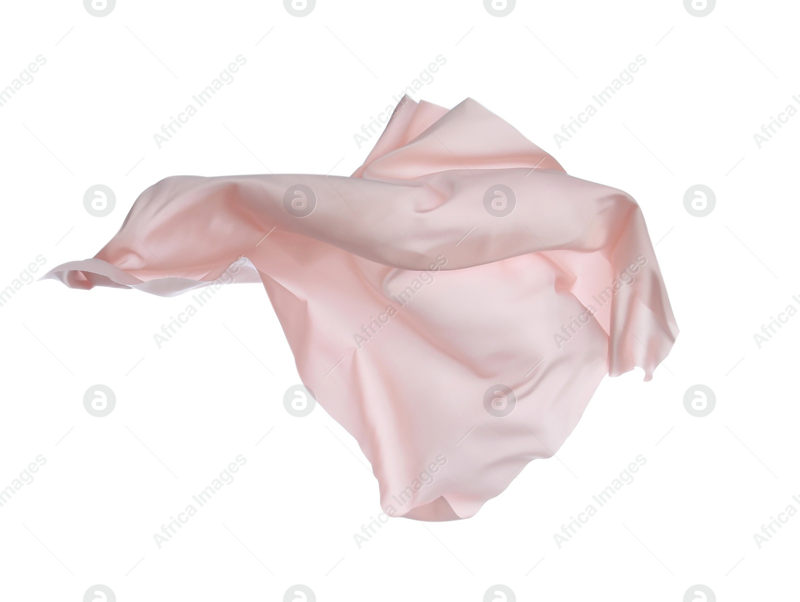 Photo of Beautiful light pink silk floating on white background