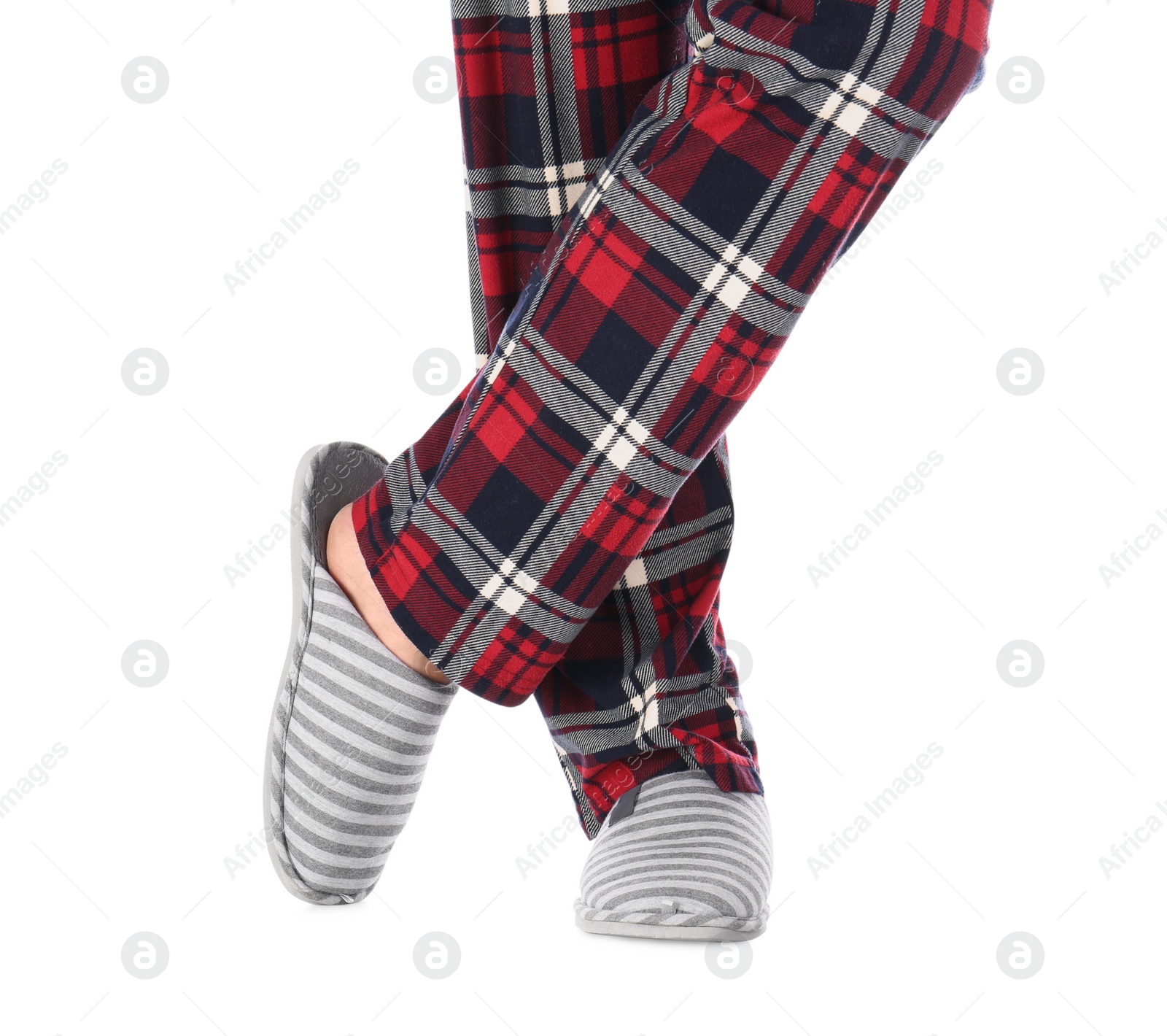 Photo of Man in warm soft slippers on white background, closeup