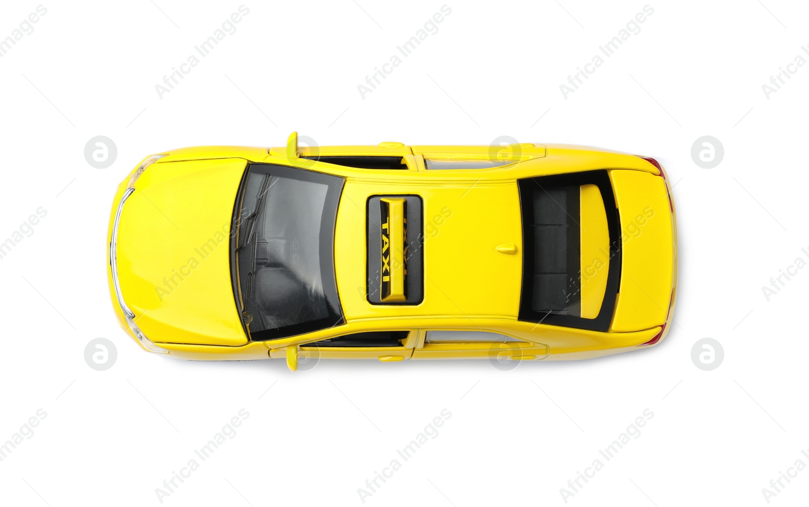 Photo of Yellow taxi car model on white background, top view