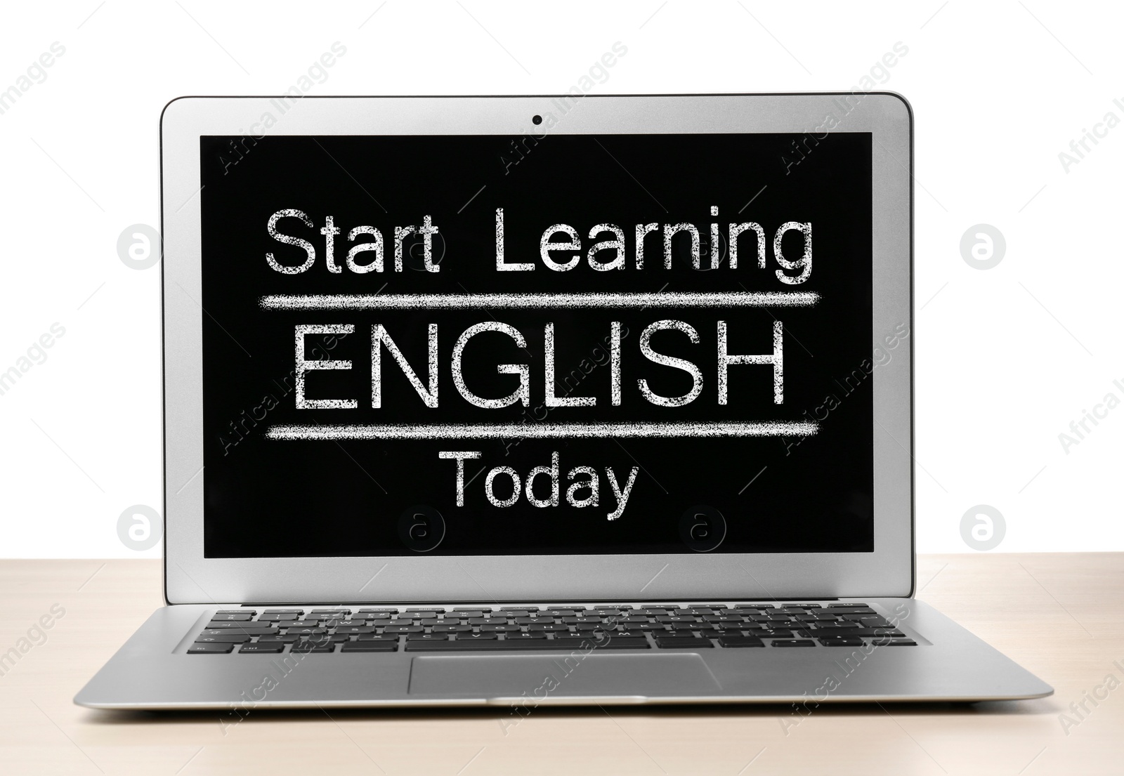 Image of Modern laptop for online English learning on table against white background
