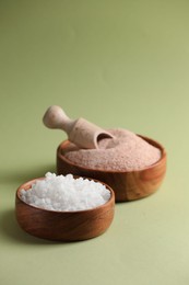 Photo of Different salt in bowls and scoop on green background