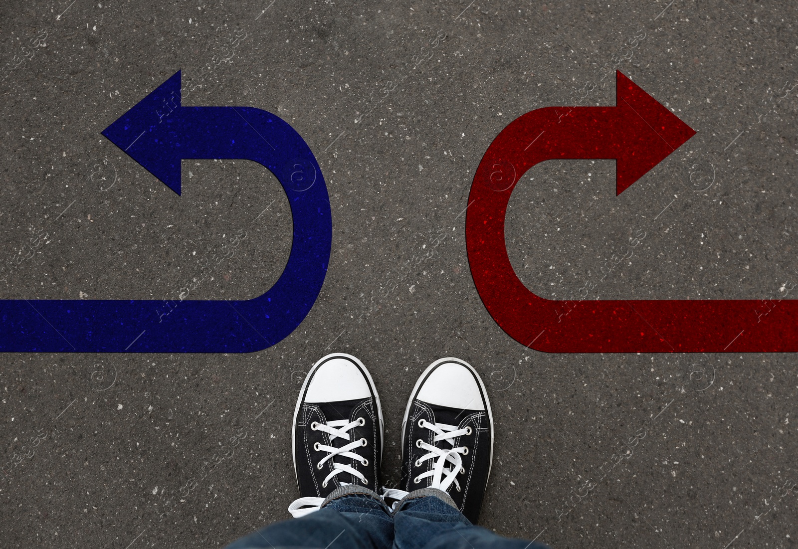 Image of Woman standing near arrows, top view. Concept of choice between different ways 