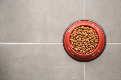 Photo of Dry dog food in feeding bowl on tiled floor, top view. Space for text