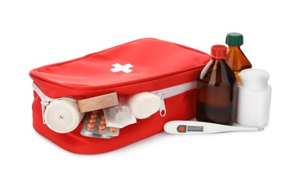 Photo of First aid kit on white background. Health care