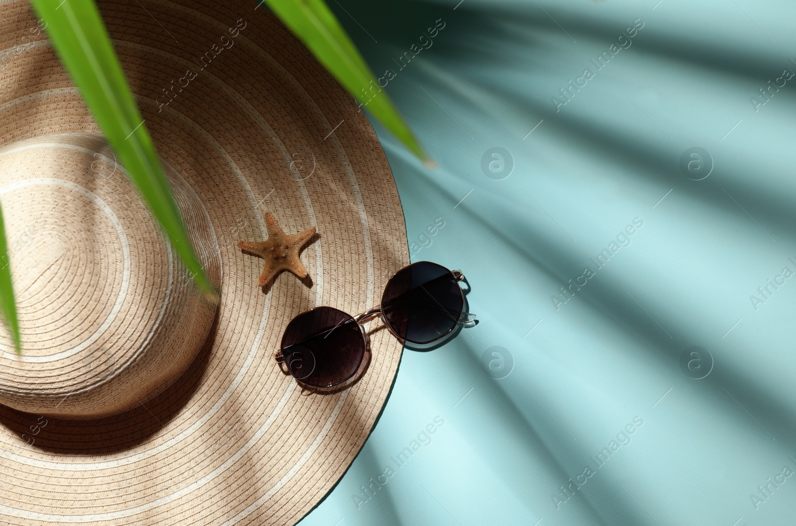 Photo of Stylish hat, starfish and sunglasses on light blue background, flat lay with space for text. beach objects