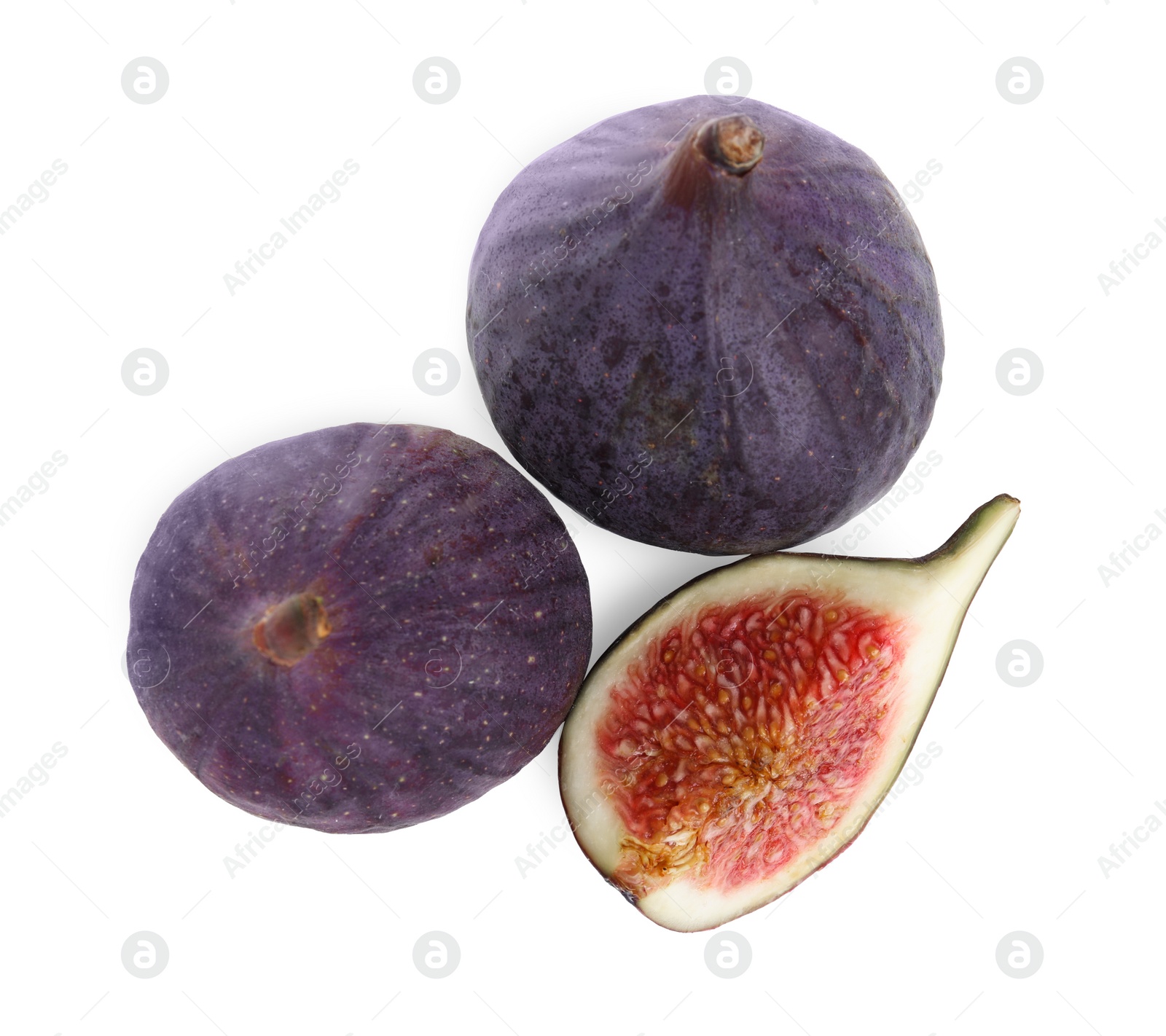 Photo of Whole and cut fresh figs isolated on white, top view