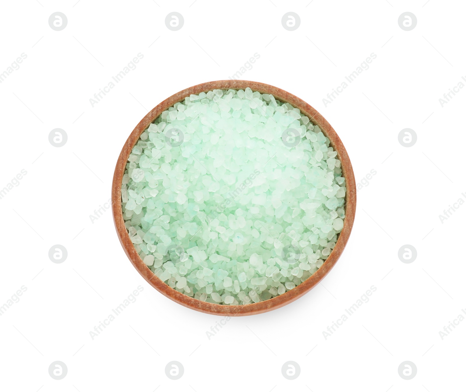 Photo of Wooden bowl with turquoise sea salt isolated on white, top view