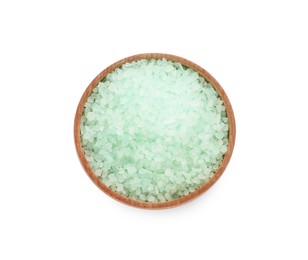 Photo of Wooden bowl with turquoise sea salt isolated on white, top view