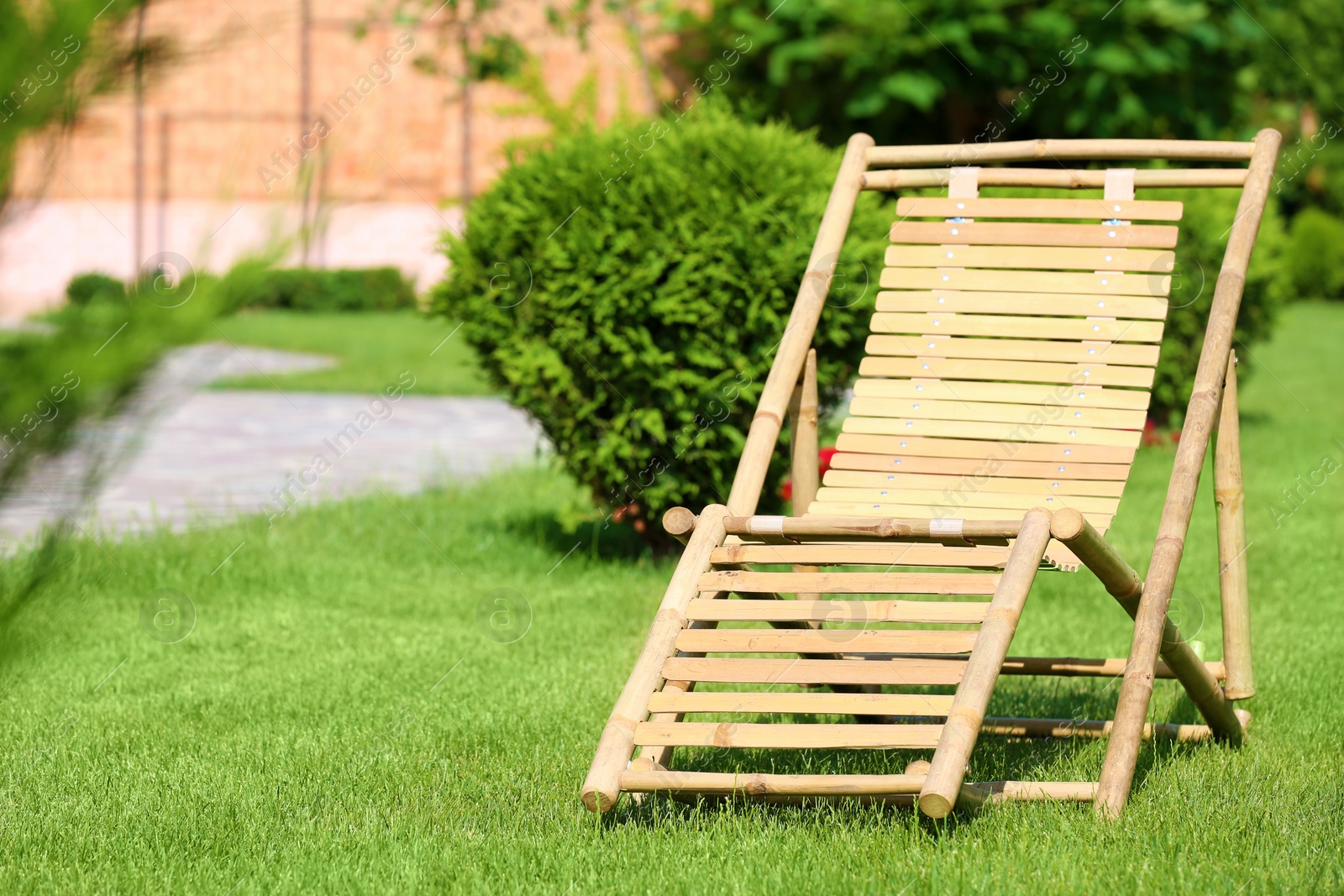 Photo of Wooden deck chair in beautiful garden on sunny day. Space for text