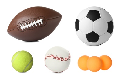 Image of Set of different balls on white background. Sport equipment