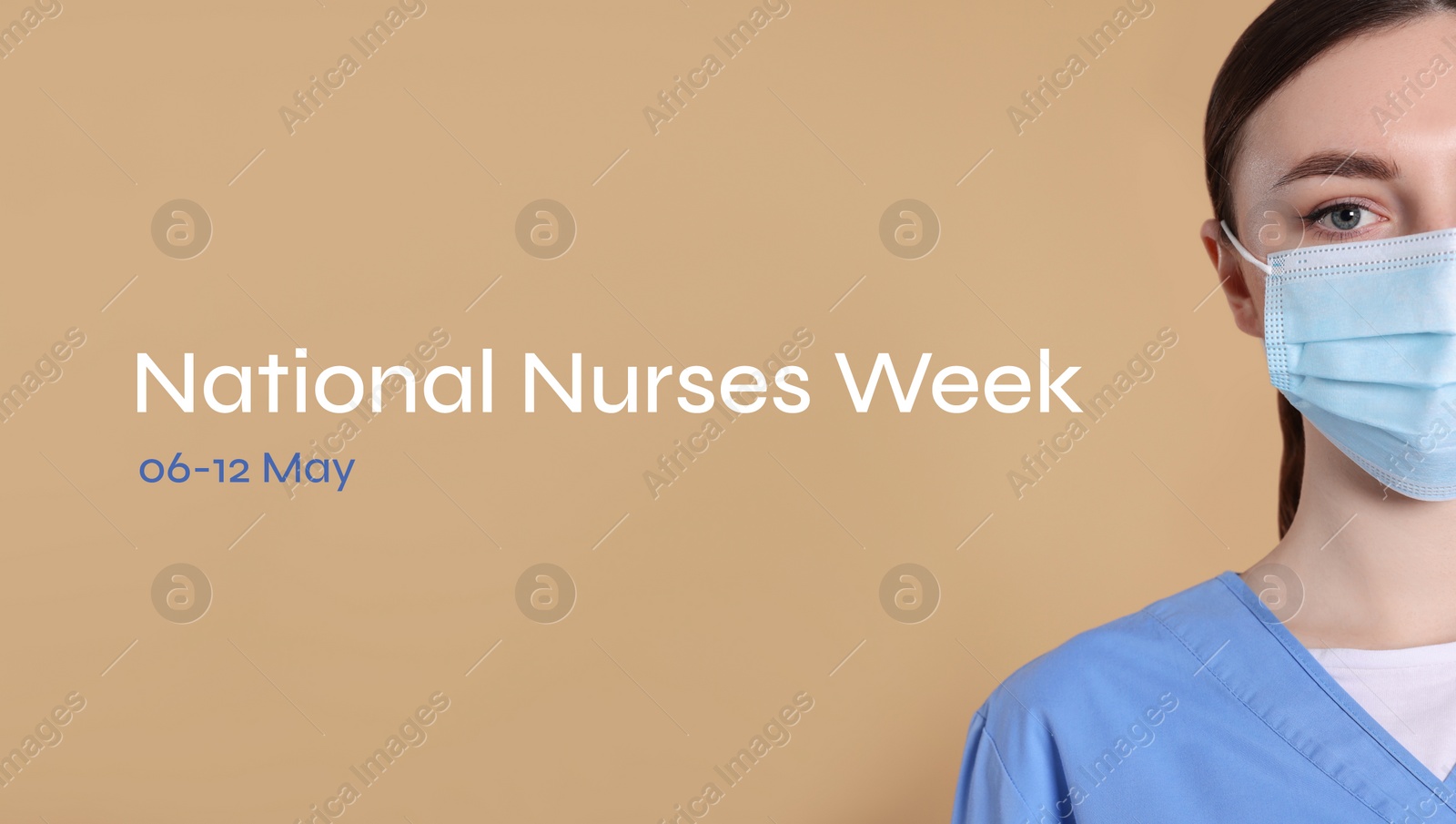 Image of National Nurses Week, May 06-12. Nurse with protective mask on beige background, banner design