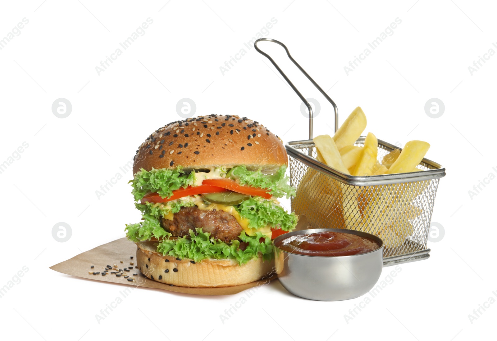 Burger with delicious patty, french fries and sauce isolated on white Photo of Burger with delicious patty, french fries and sauce isolated on white