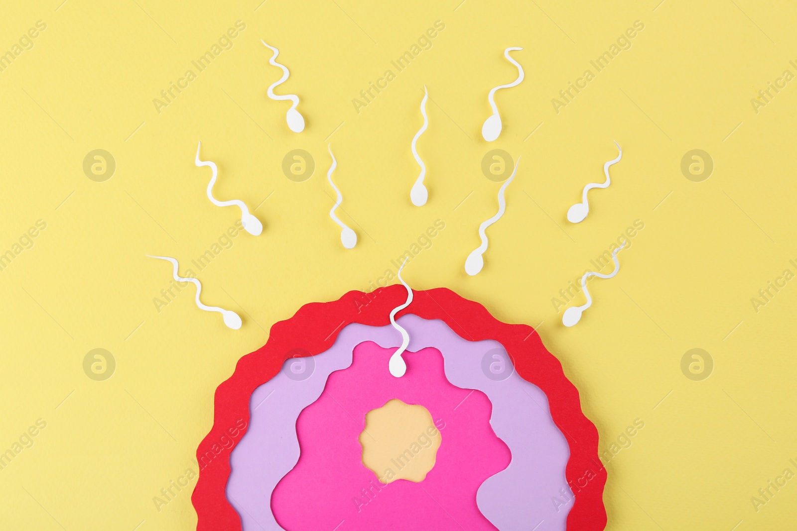 Photo of Fertilization concept. Sperm cells swimming towards egg cell on yellow background, top view