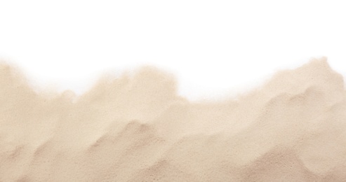 Photo of Dry beach sand on white background, top view