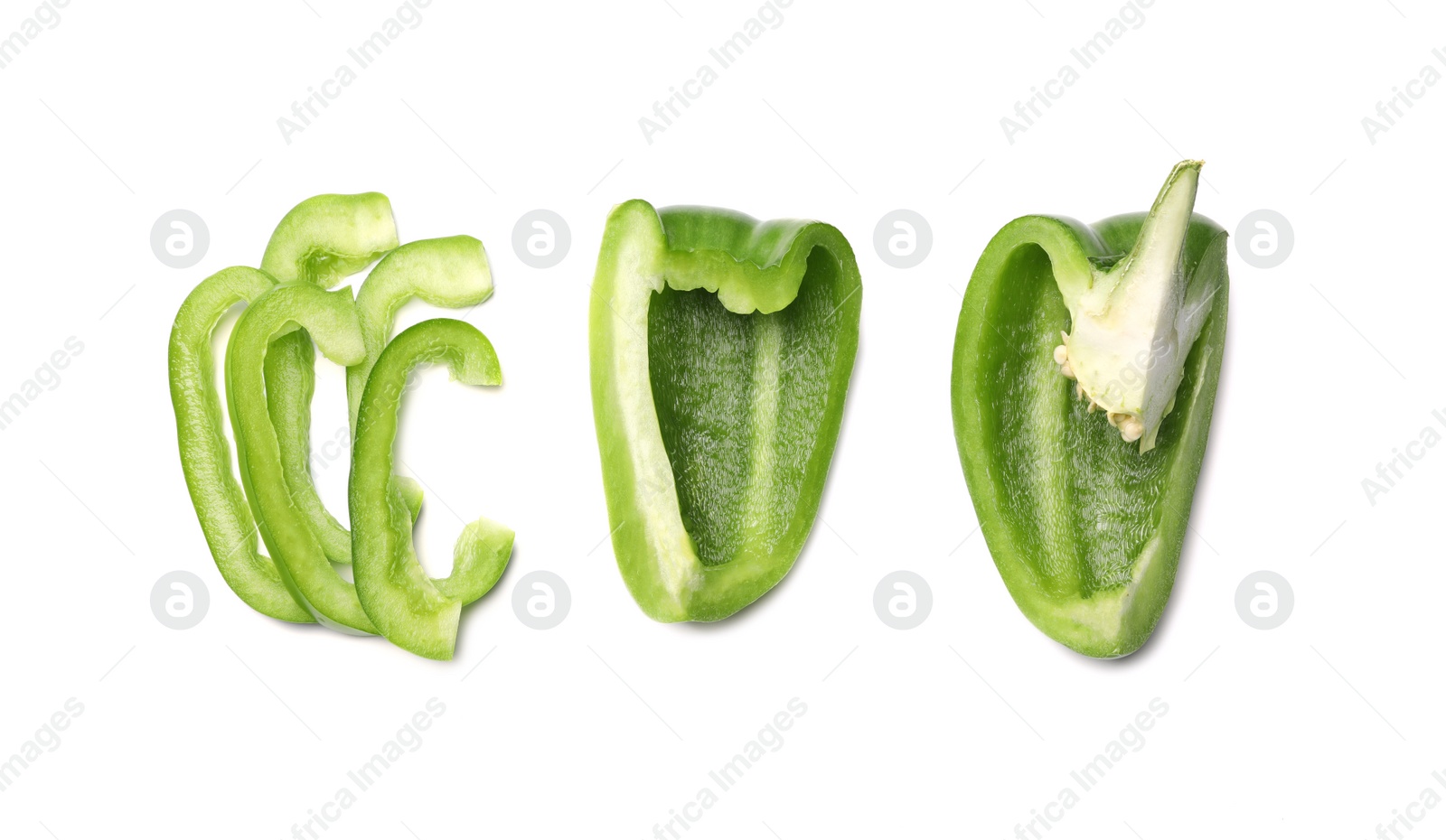 Photo of Cut green bell pepper on white background, top view