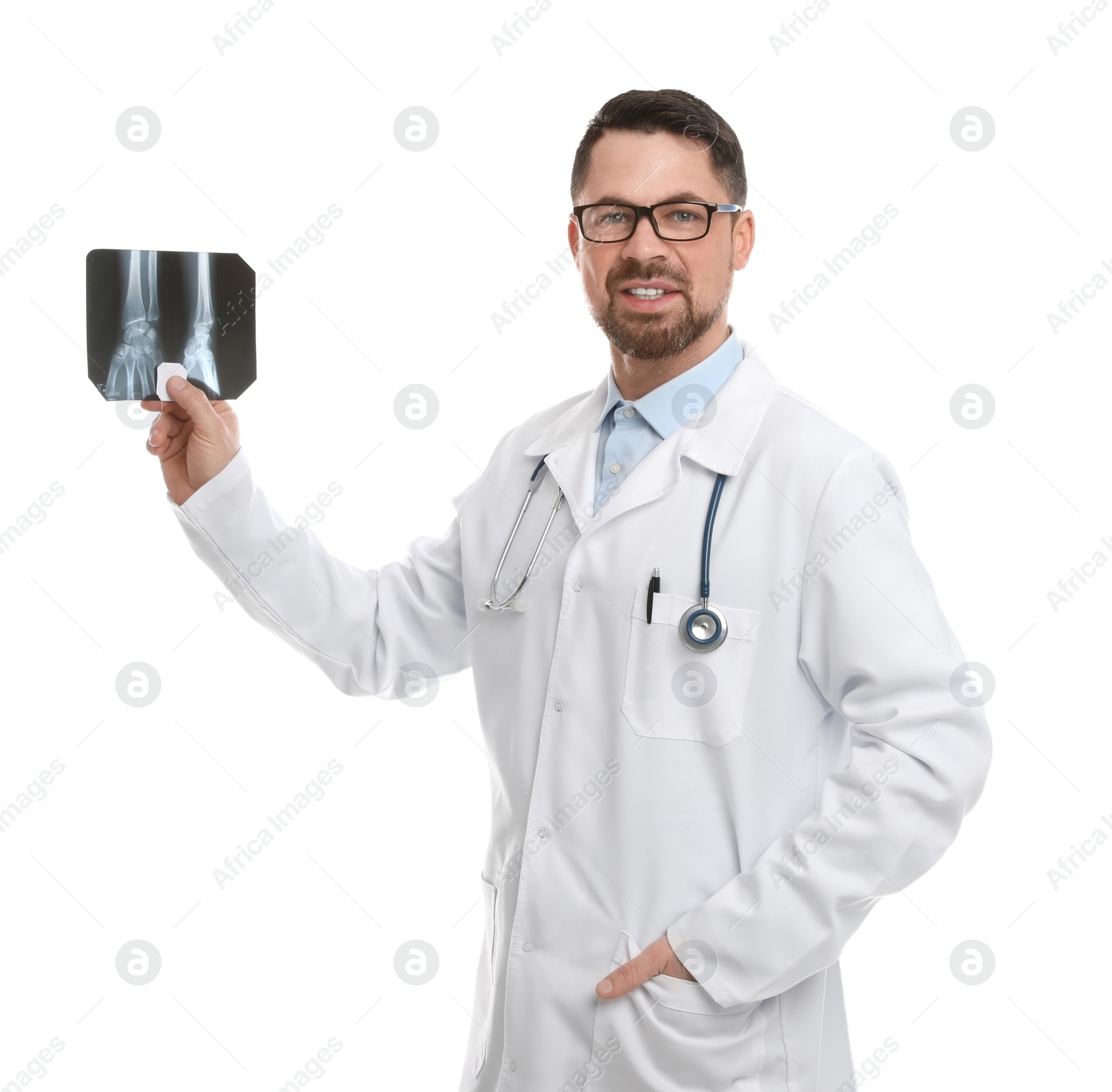 Photo of Orthopedist holding X-ray picture on white background