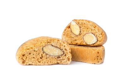 Slices of tasty cantucci on white background. Traditional Italian almond biscuits