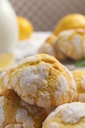 Photo of Fresh delicious lemon cookies and mint, closeup