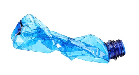 Photo of Crumpled disposable plastic bottle isolated on white