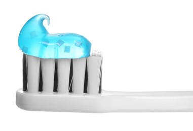 Photo of Plastic brush with toothpaste isolated on white, closeup