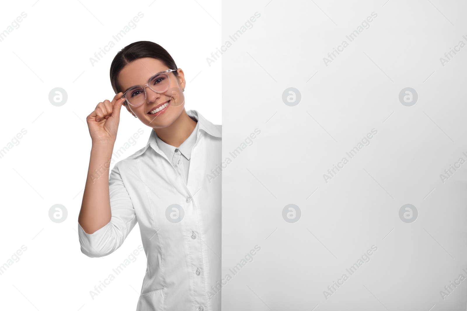 Photo of Ophthalmologist with blank banner on white background, space for text