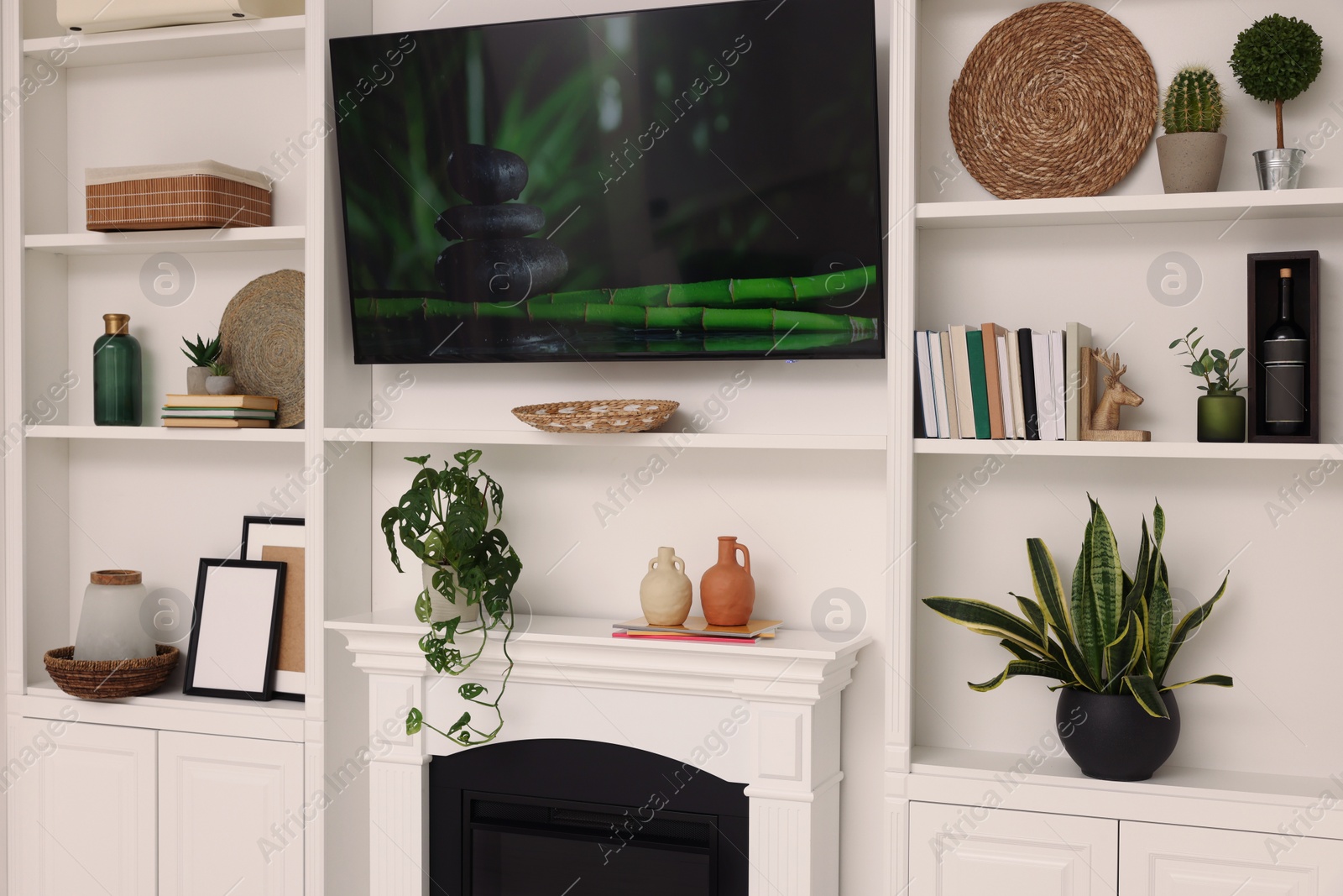 Photo of TV and shelves with different decor and houseplants in room. Interior design