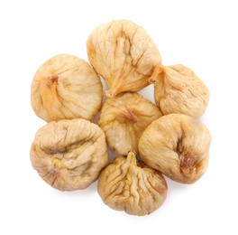 Pile of tasty dried figs isolated on white, top view