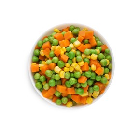 Mix of fresh vegetables in bowl on white background, top view