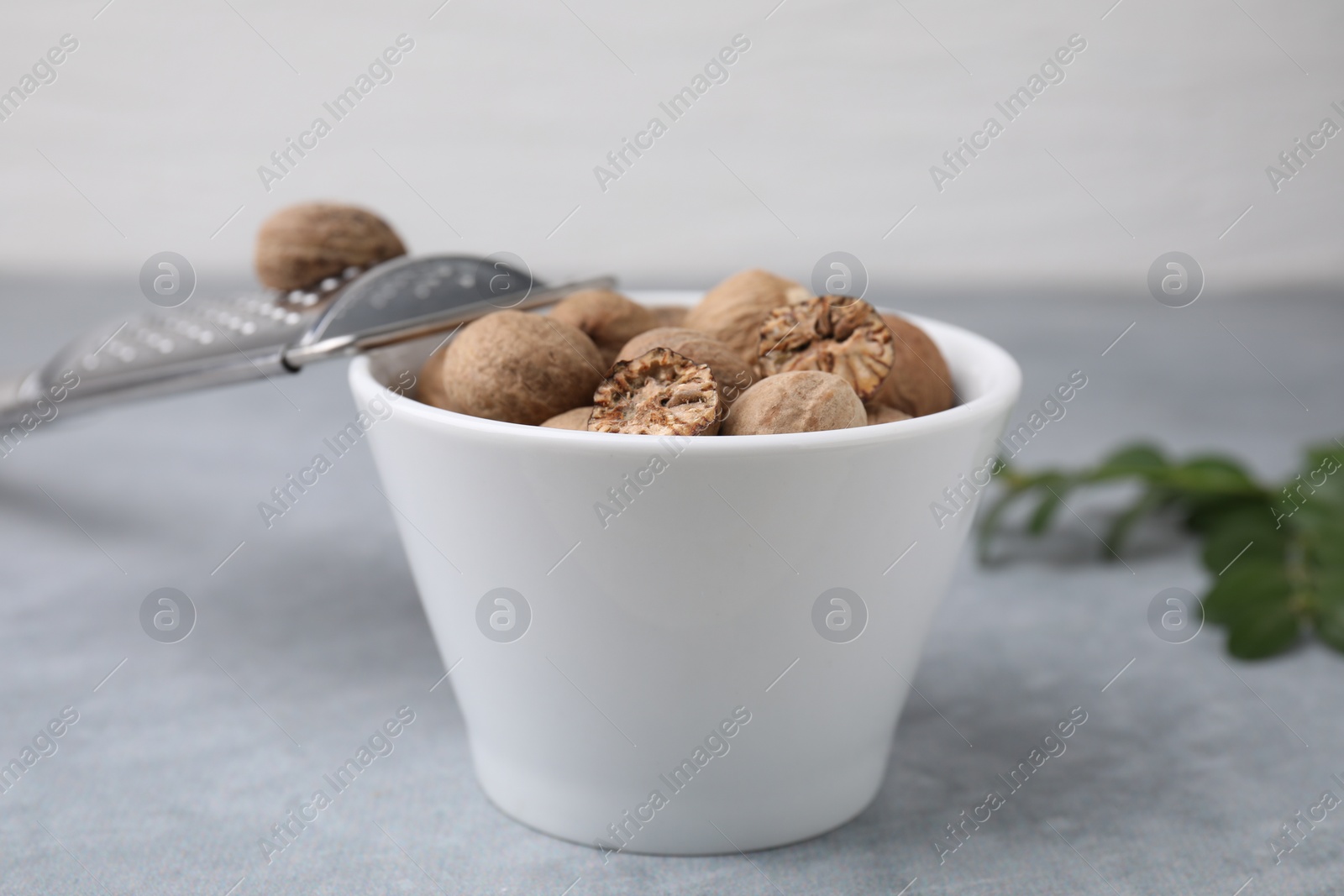 Photo of Nutmegs in bowl and grater on light grey table, closeup