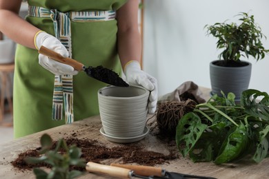 Photo of Woman filling flowerpot with soil at table indoors, closeup. Houseplant care