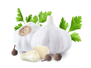 Image of Fresh garlic with parsley and allspice on white background