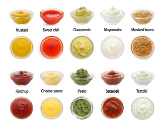 Image of Set of different sauces in bowls and names isolated on white, top and side views