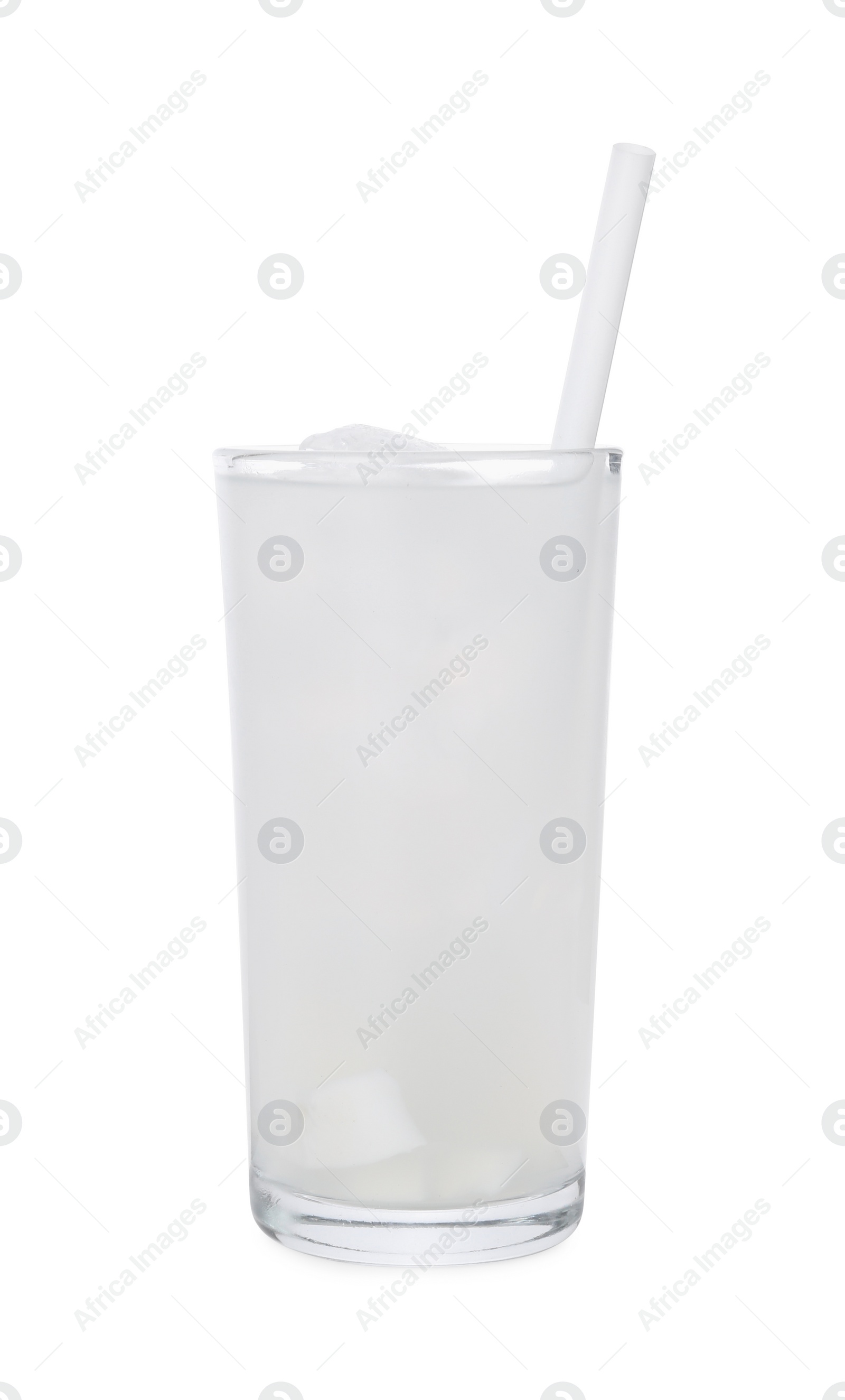 Photo of Glass of coconut water with ice cubes isolated on white