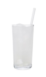 Photo of Glass of coconut water with ice cubes isolated on white