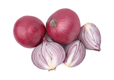 Ripe fresh red onions isolated on white, top view