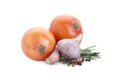 Photo of Fresh garlic, onion, peppercorns and rosemary isolated on white